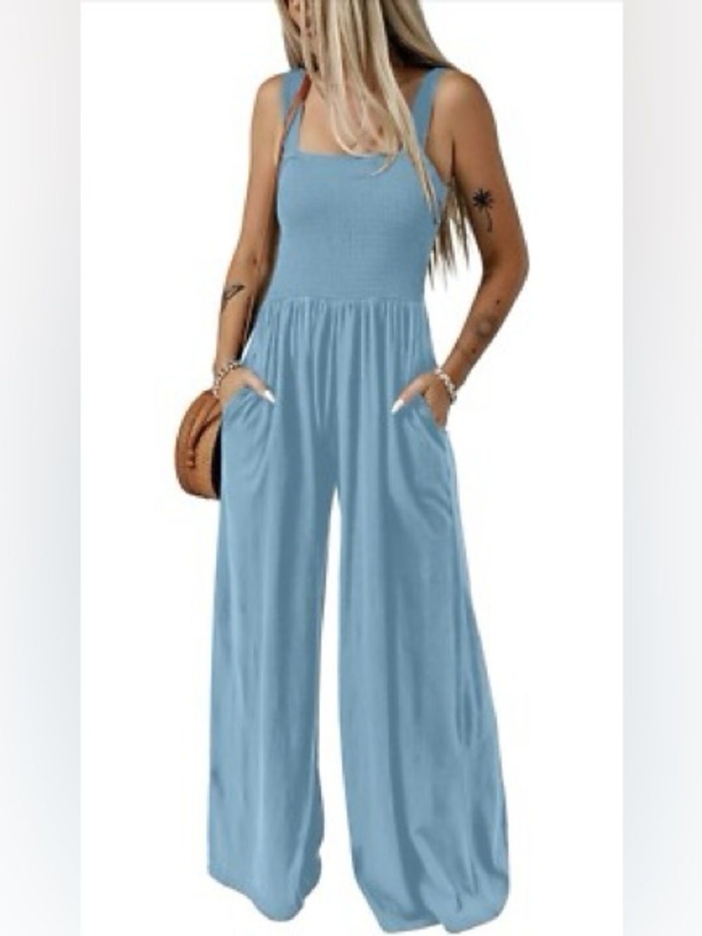 Dokotoo Light Blue Smocked Bodice Wide-Leg Jumpsuit small